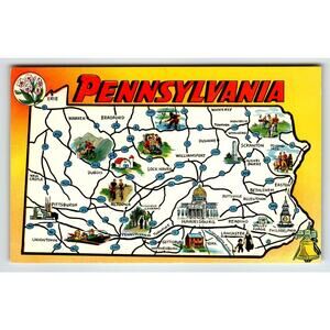 Postcard Greetings From Pennsylvania Map Chrome State Flower Mountain-laurel